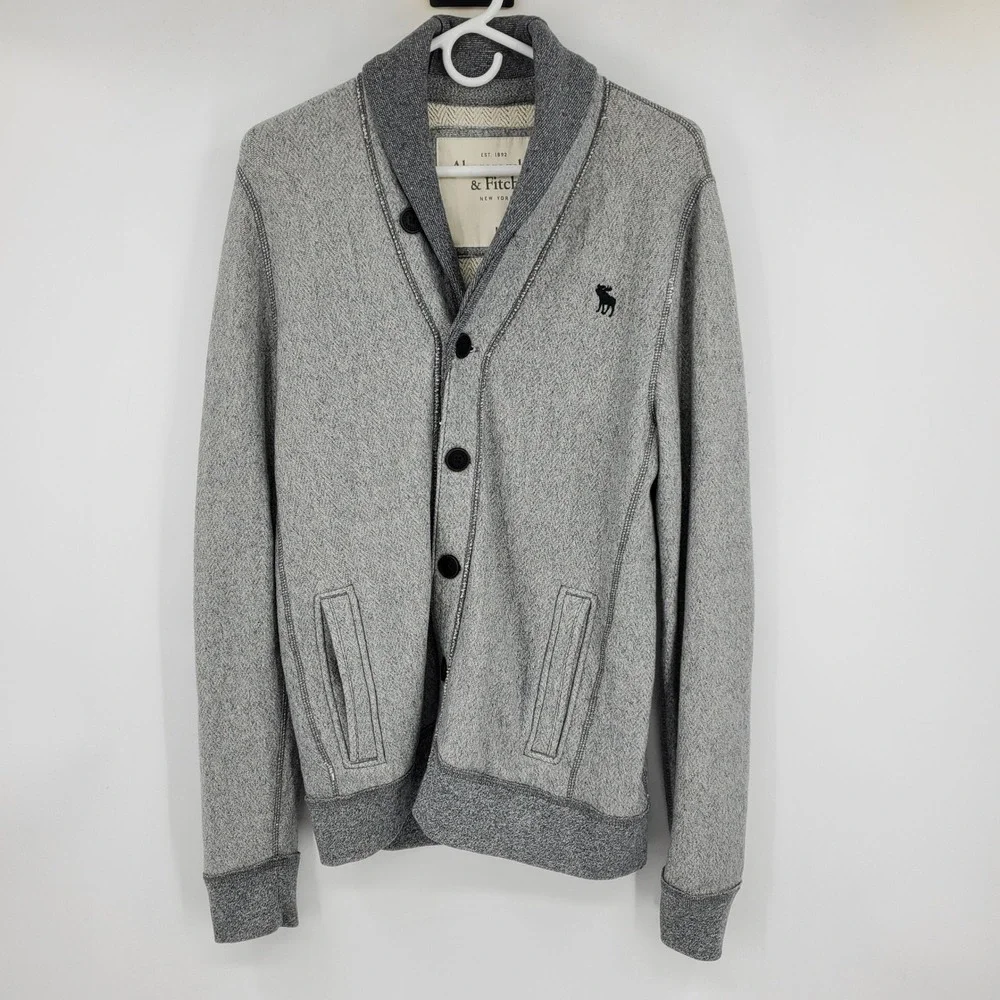 Abercrombie‎ Fitch Men Gray Herringbone Shawl Collar Cardigan Sweater Y2K Medium
